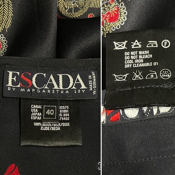 ESCADA Margaretha Ley Vintage 80s Button Up Silk Blouse Medals Crest 40 10 OVRSZ - Picture 13 of 14